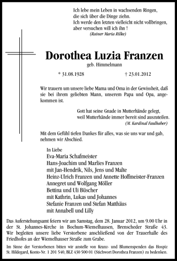 Traueranzeige von Dorothea Luzia Franzen von Tageszeitung