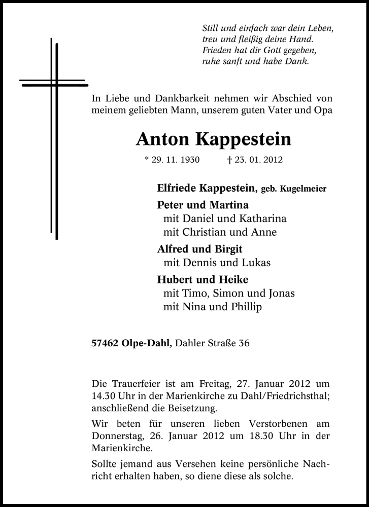  Traueranzeige für Anton Kappestein vom 26.01.2012 aus Tageszeitung