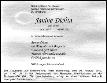 Traueranzeige von Janina Dichta von Tageszeitung