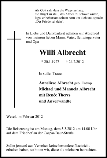 Traueranzeige von Willi Albrecht von Tageszeitung