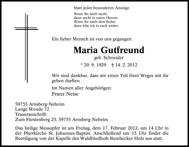  Traueranzeige für Maria Gutfreund vom 15.02.2012 aus Tageszeitung