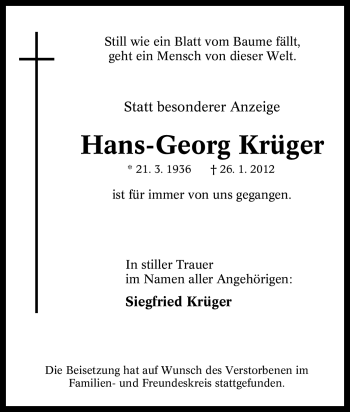 Traueranzeige von Hans-Georg Krüger von Tageszeitung