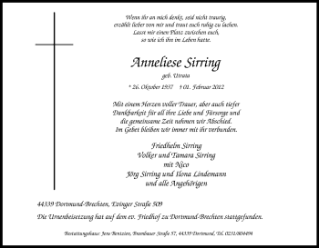 Traueranzeige von Anneliese Sirring von Tageszeitung