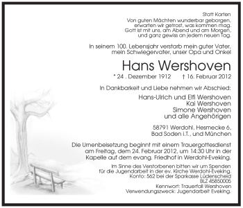 Traueranzeige von Hans Wershoven von Tageszeitung