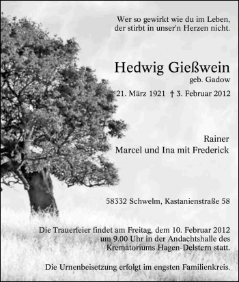 Traueranzeige von Hedwig Gießwein von Tageszeitung