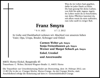 Traueranzeige von Franz Smyra von Tageszeitung