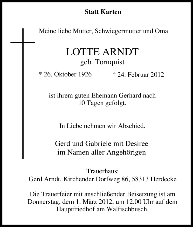  Traueranzeige für Lotte Arndt vom 27.02.2012 aus Tageszeitung