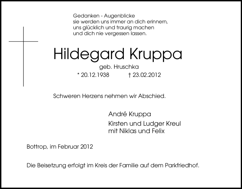  Traueranzeige für Hildegard Kruppa vom 25.02.2012 aus Tageszeitung