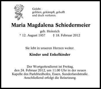 Traueranzeige von Maria Magdalena Schiedermeier von Tageszeitung