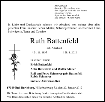 Traueranzeige von Ruth Battenfeld von Tageszeitung