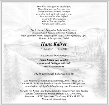 Traueranzeige von Hans Kaiser von Tageszeitung