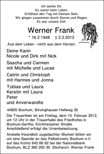 Traueranzeige von Werner Frank von Tageszeitung