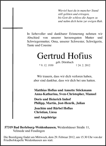 Traueranzeige von Gertrud Hofius von Tageszeitung
