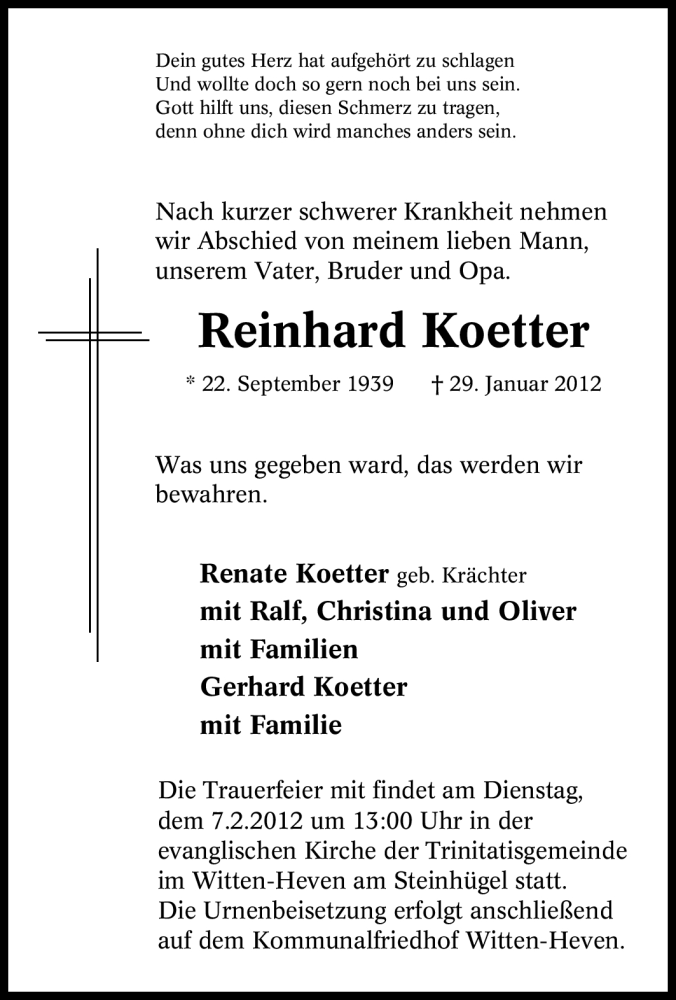  Traueranzeige für Reinhard Koetter vom 04.02.2012 aus Tageszeitung