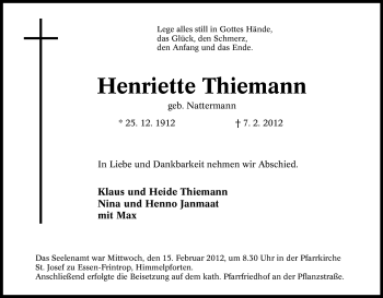 Traueranzeige von Henriette Thiemann von Tageszeitung