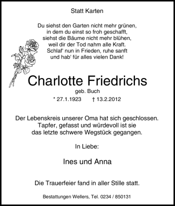 Traueranzeige von Charlotte Friedrichs von Tageszeitung