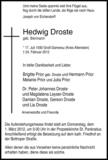 Traueranzeige von Hedwig Droste von Tageszeitung