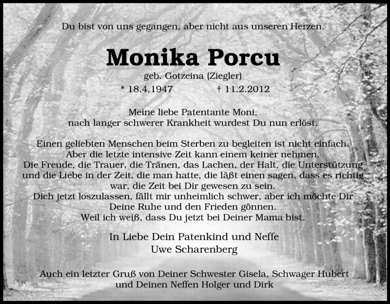  Traueranzeige für Monika Porcu vom 14.02.2012 aus Tageszeitung