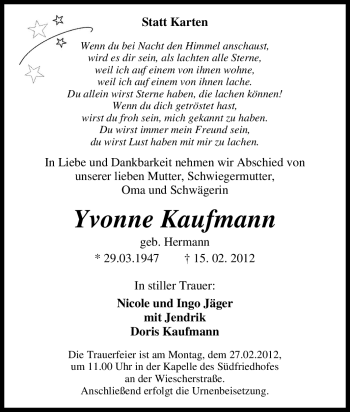 Traueranzeige von Yvonne Kaufmann von Tageszeitung