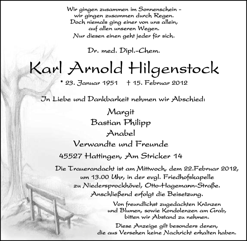  Traueranzeige für Karl Arnold Hilgenstock vom 18.02.2012 aus Tageszeitung
