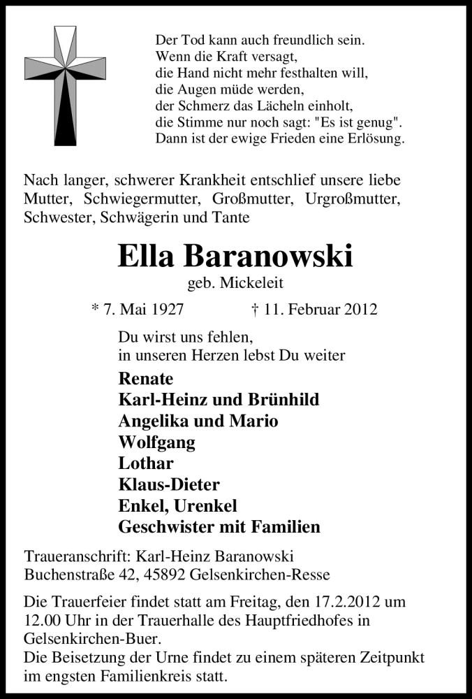  Traueranzeige für Ella Baranowski vom 14.02.2012 aus Tageszeitung