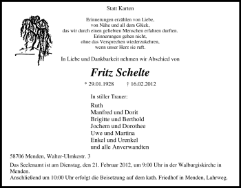 Traueranzeige von Fritz Schelte von Tageszeitung