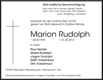 Traueranzeige von Marion Rudolph von Tageszeitung
