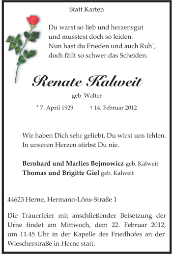 Traueranzeige von Renate Kalweit von Tageszeitung