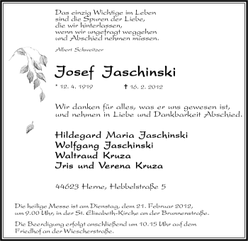 Traueranzeige von Josef Jaschinski von Tageszeitung