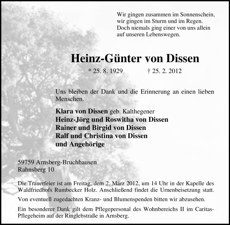  Traueranzeige für Heinz-Günter von Dissen vom 27.02.2012 aus Tageszeitung