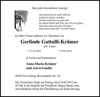 Traueranzeige von Gerlinde Gattulli-Krämer von Tageszeitung