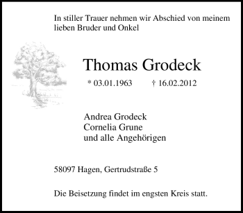 Traueranzeige von Thomas Grodeck von Tageszeitung
