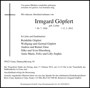 Traueranzeige von Irmgard Göpfert von Tageszeitung