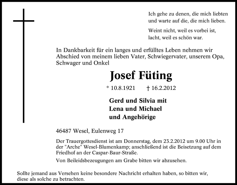  Traueranzeige für Josef Füting vom 18.02.2012 aus Tageszeitung