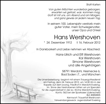 Traueranzeige von Hans Wershoven von Tageszeitung