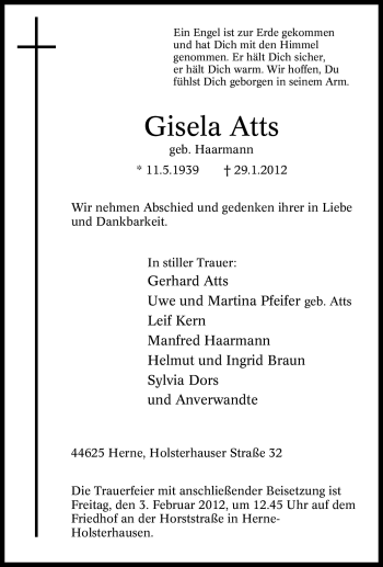 Traueranzeige von Gisela Atts von Tageszeitung