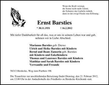 Traueranzeige von Ernst Barsties von Tageszeitung