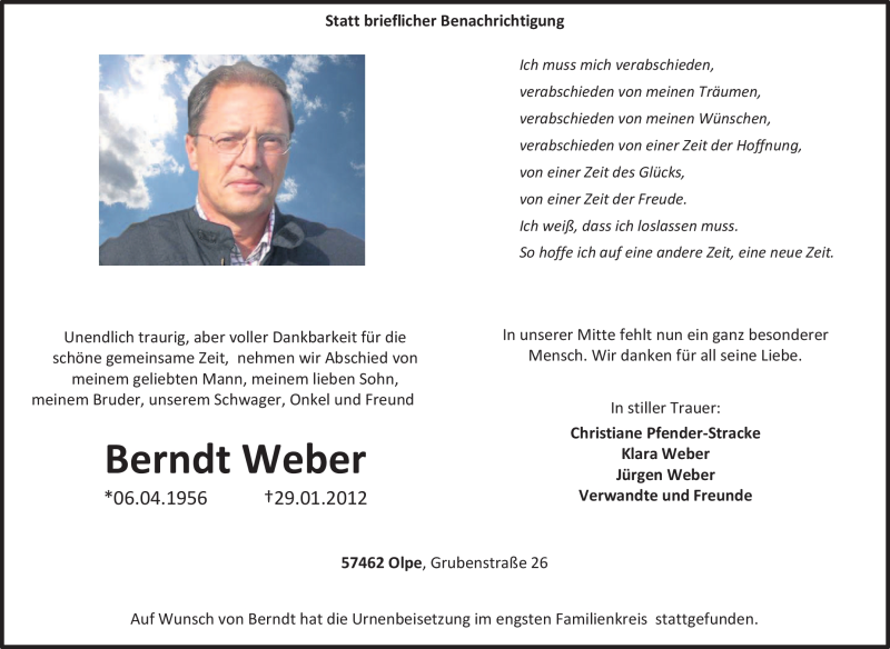 Traueranzeige für Berndt Weber vom 04.02.2012 aus Tageszeitung