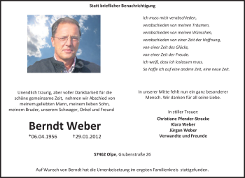 Traueranzeige von Berndt Weber von Tageszeitung