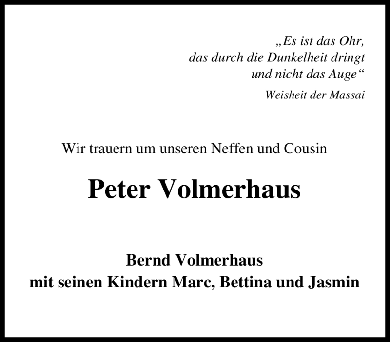  Traueranzeige für Peter Volmerhaus vom 18.02.2012 aus Tageszeitung