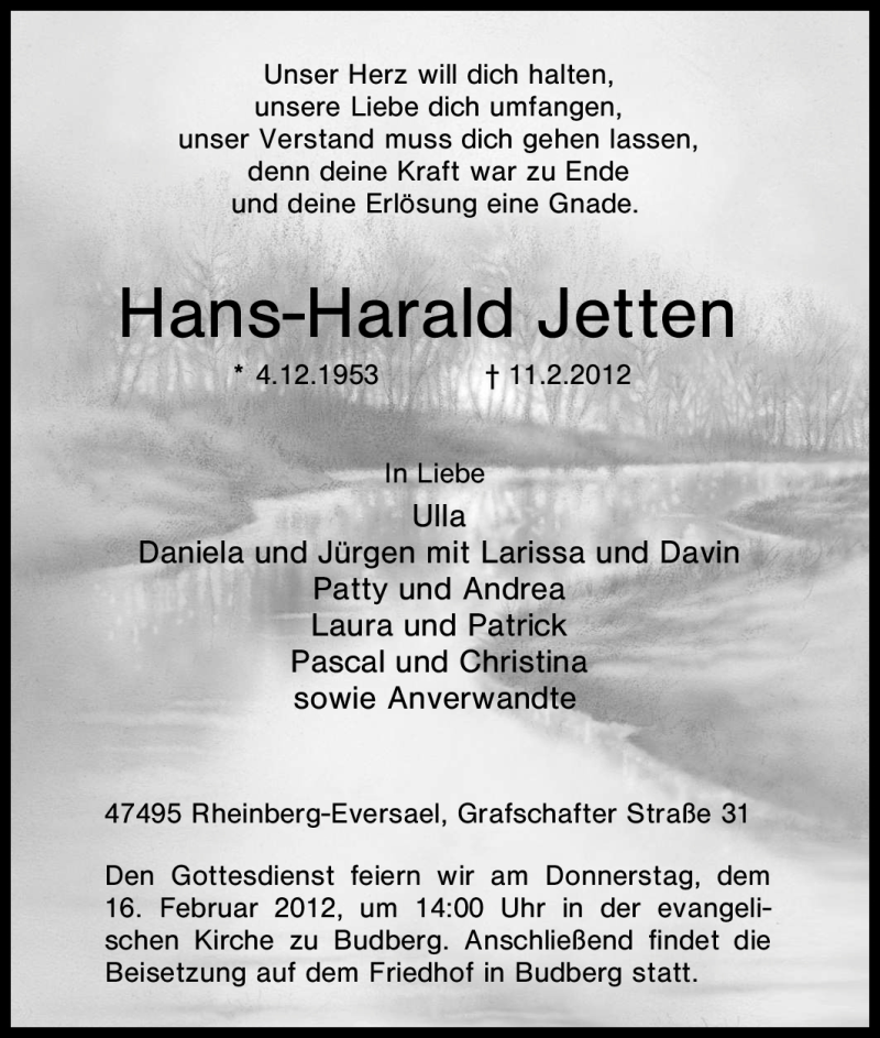  Traueranzeige für Hans-Harald Jetten vom 14.02.2012 aus Tageszeitung