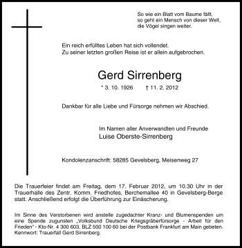 Traueranzeige von Gerd Sirrenberg von Tageszeitung