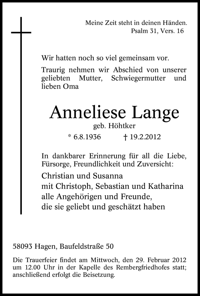  Traueranzeige für Anneliese Lange vom 25.02.2012 aus Tageszeitung