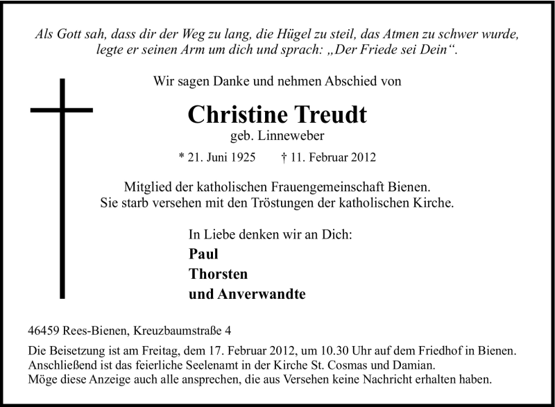  Traueranzeige für Christine Treudt vom 14.02.2012 aus Tageszeitung