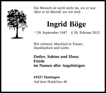 Traueranzeige von Ingrid Böge von Tageszeitung