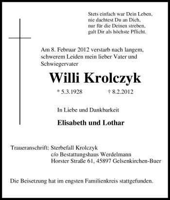 Traueranzeige von Willi Krolczyk von Tageszeitung