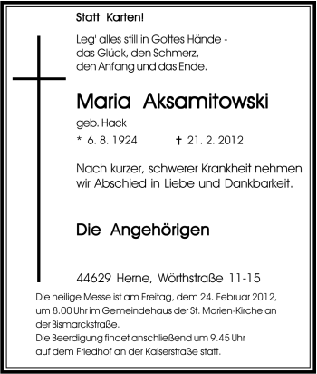 Traueranzeige von Maria Aksamitowski von Tageszeitung