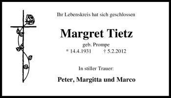 Traueranzeige von Margret Tietz von Tageszeitung