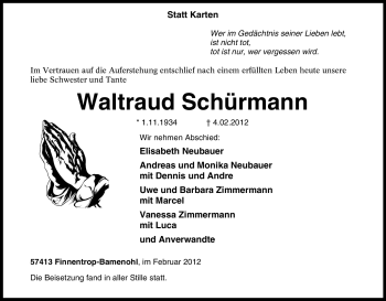 Traueranzeige von Waltraud Schürmann von Tageszeitung