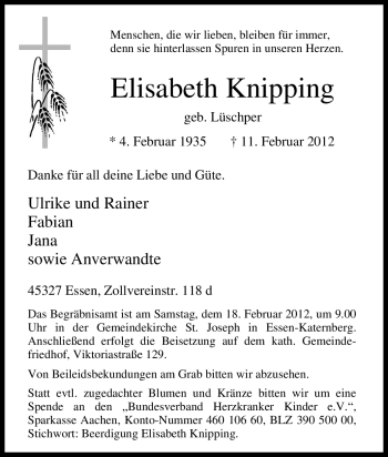 Traueranzeige von Elisabeth Knipping von Tageszeitung
